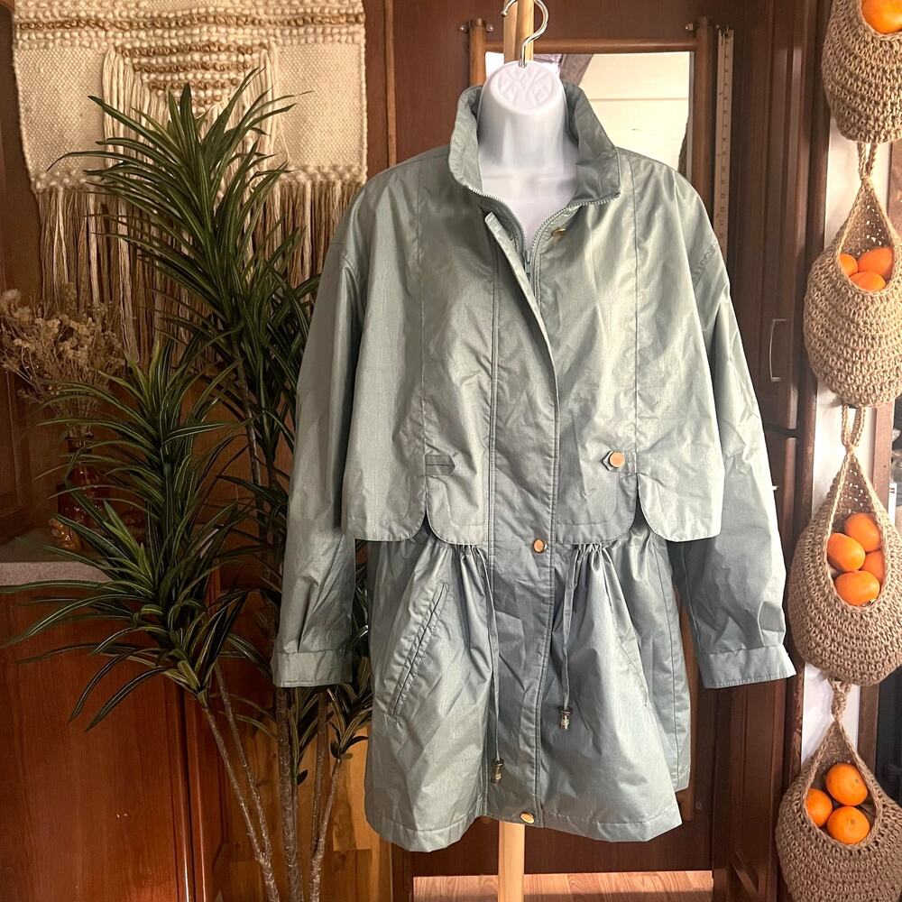 Vintage Rain Jacket XL Sage Green Utility Trench Coat Minimal Anorak Women Zip
